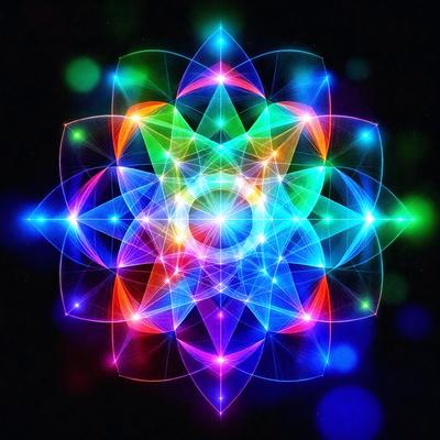 The primary subject of the image is a colorful, geometric pattern. The pattern is composed of various colors, including blue, green, and red, and it appears to be a digital art or illustration. The setting or background of the image is a dark, starry sky, which adds to the overall atmosphere of the scene. The visual style of the image suggests that it is a creative and artistic representation of the geometric pattern.